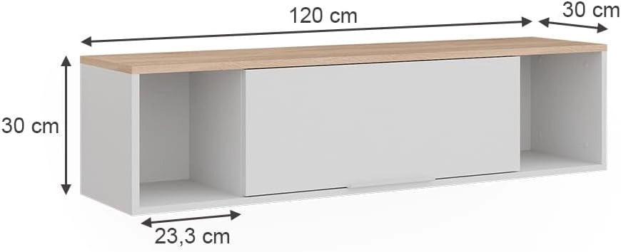 Scaffale a muro Betti, Bianco/Sonoma, 120 x 30 cm, per montaggio a parete, adatto per soggiorno o ufficio