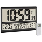 TFA 60.4521.01 Orologio da Parete Radiocontrollato con Display XL Temperatura Interna e Esterna Giorno della Settimana in 8 Lingue colore Nero