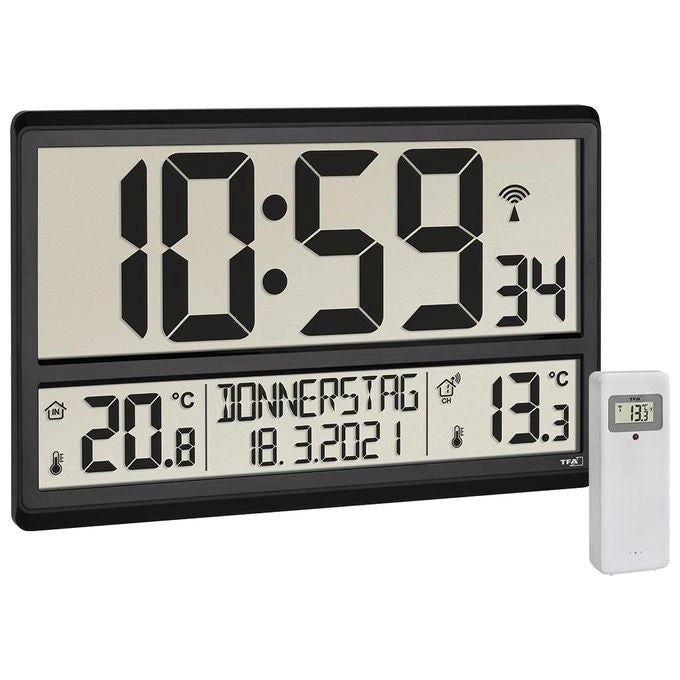 TFA 60.4521.01 Orologio da Parete Radiocontrollato con Display XL Temperatura Interna e Esterna Giorno della Settimana in 8 Lingue colore Nero