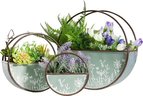Vasi per piante a muro rotondi - Vaso appeso per piante grasse - 3 pezzi - Verde - Metallo