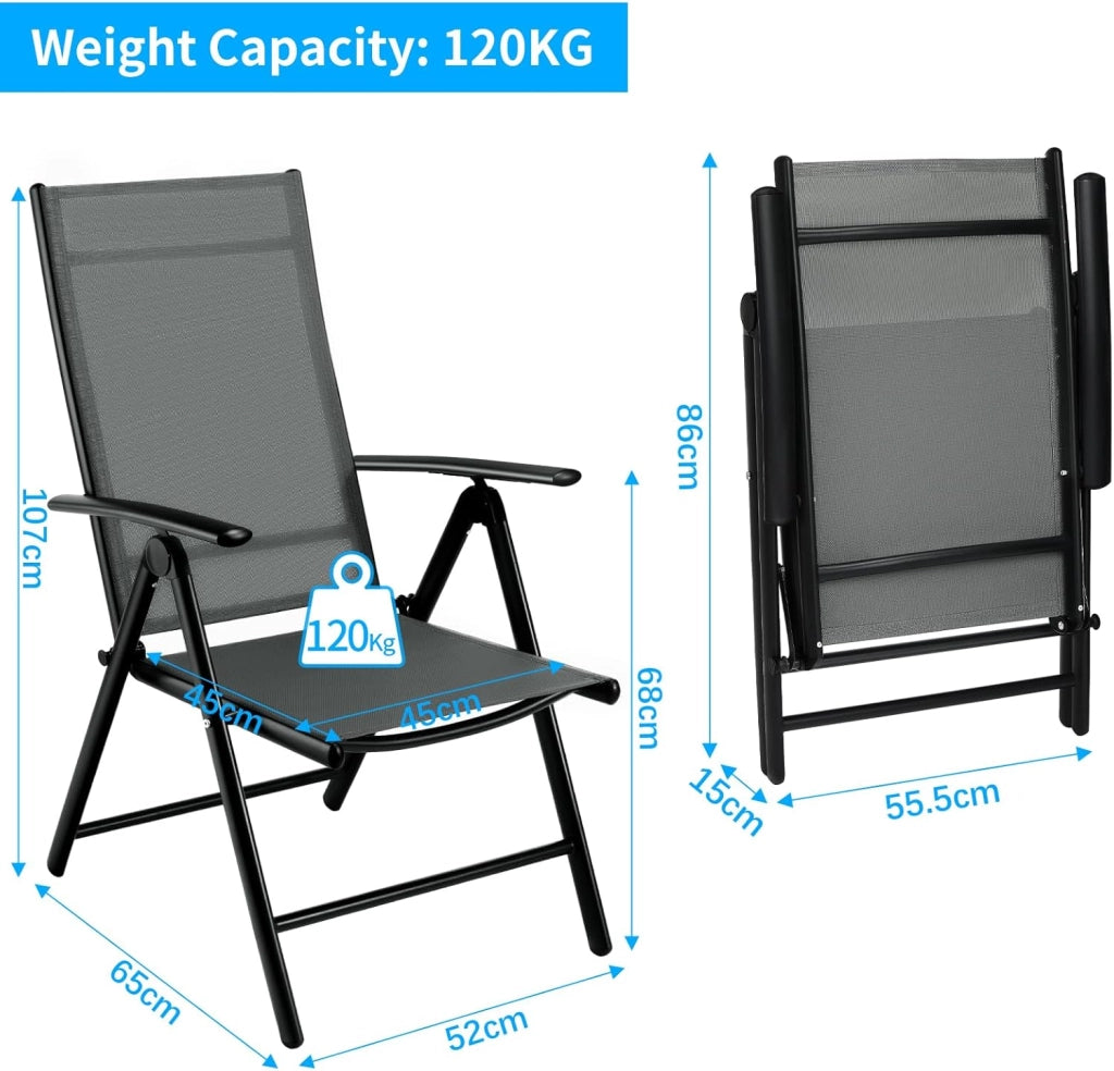 Sedia Pieghevole da Esterno, 2 Sedie da Giardino in Alluminio, Regolabili in 7 Direzioni con Braccioli, Traspiranti, Sedie da Campeggio, Sedie da Balcone, 65 x 52 x 107 cm