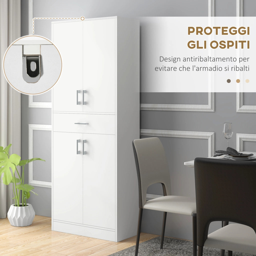 Credenza Cucina Alta con 2 Armadietti e un Cassetto Centrale 70,8x34x180 cm in MDF Bianco