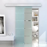 Porta Scorrevole Interna in Vetro Smerigliato e Satinato con Binario B2 e Maniglia per Bagno Cucina Studio Vetro 205x 102.5x 0,8cm