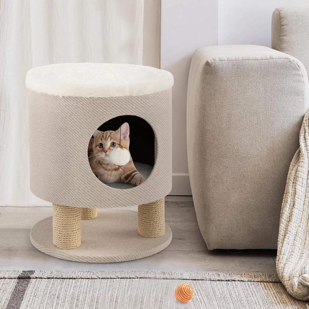 Tiragraffi per Gatti a Sgabello 47 cm, Grotta per Gatti con Palla Pompon Sospeso e 3 Tronchi Tiragraffi in Sisal, Cuccia per Gatto da Interno Piccolo Ø40, Beige