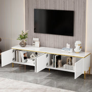 OKWISH Mobile TV con 4 Ante e Passacavi, Frontali Lucidi, Gambe in Metallo, per Soggiorno, Bianco, 170 x 38 x 50 cm