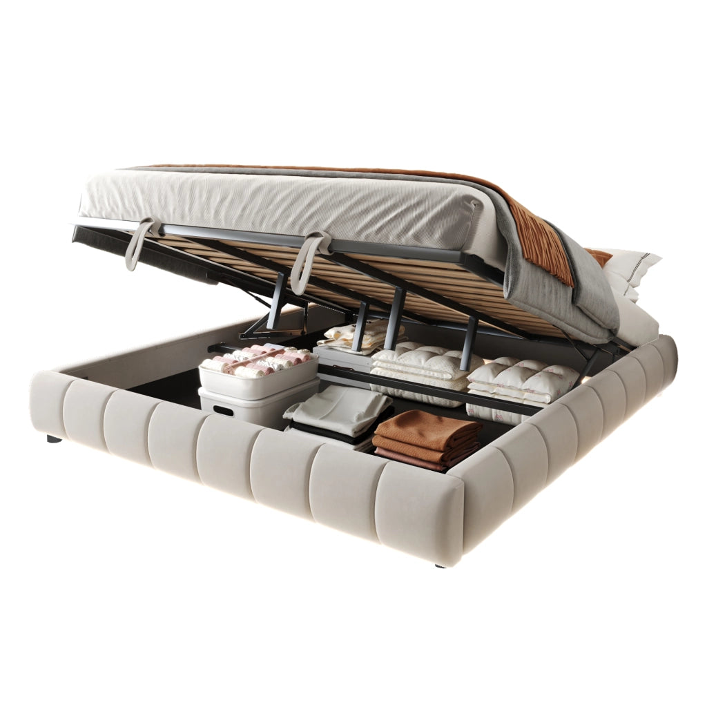Letto Contenitore 180x200 cm; con LED e sollevamento idraulico; in Flanella Beige
