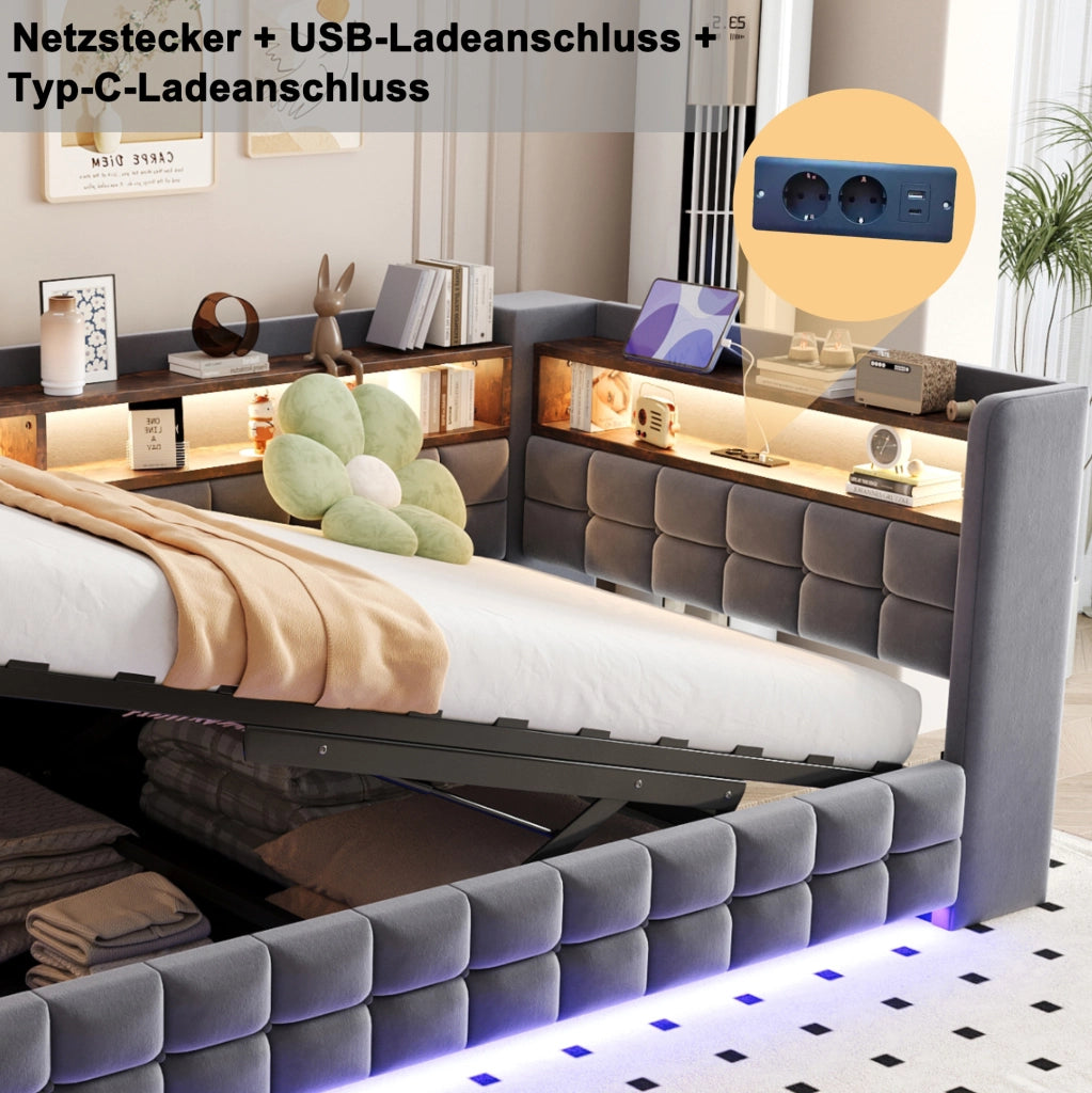 Letto imbottito multifunzione 90x200 cm con contenitore; LED; USB e presa; grigio