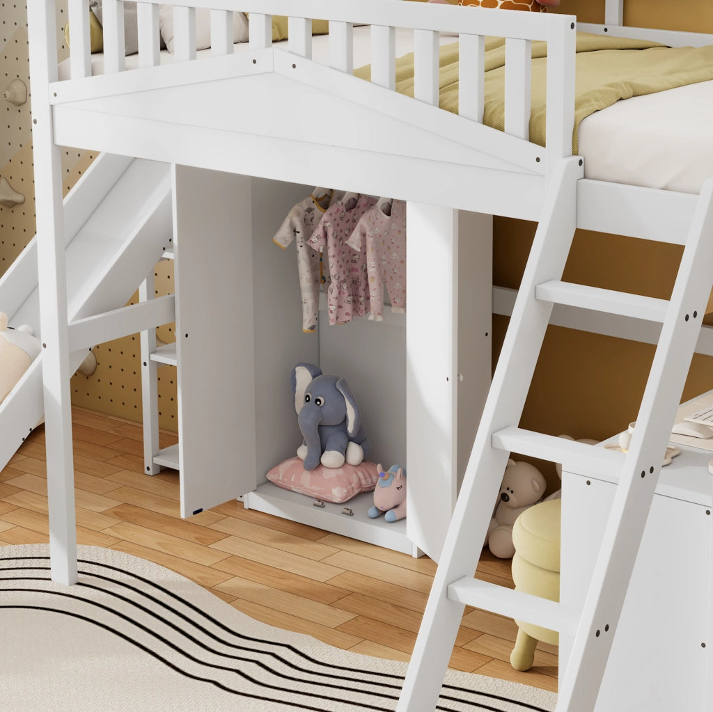 Letto a soppalco ULEVR 90x200 cm con scivolo, scrivania, armadio e ripiani, bianco