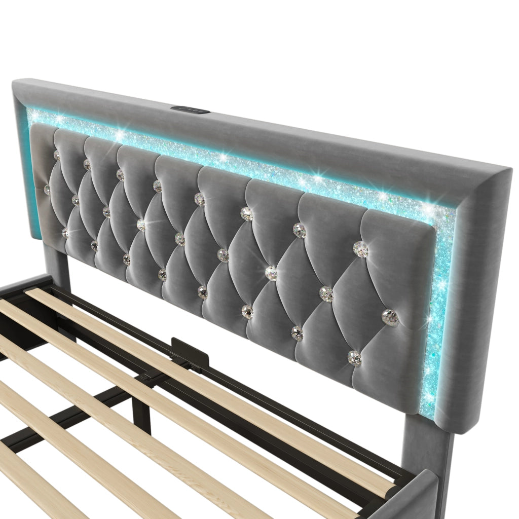 LETTO Contenitore 160x200 cm in velluto grigio con LED e porte USB/USB-C