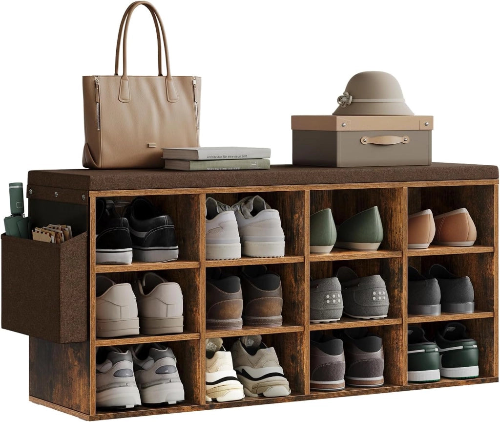 Panca Scarpiera da Ingresso, Scaffale Porta Scarpe a 12 Scomparti con Seduta Imbottita, Mobile da Ingresso Salvaspazio in Legno, Marrone Rustico+Marrone, 102x30x48,5 cm