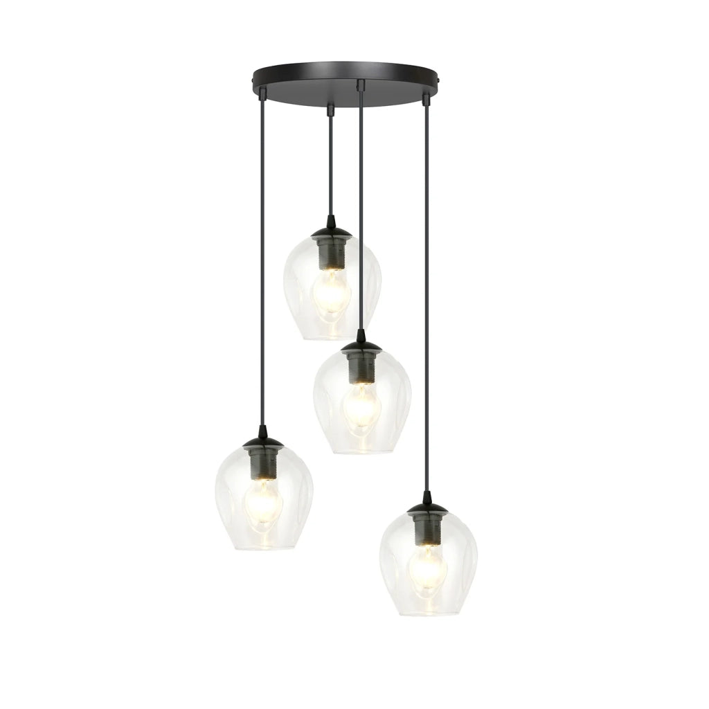 Lampadario 4 Luci Fuxi Base Tonda In Acciaio Nero E Vetri Trasparente