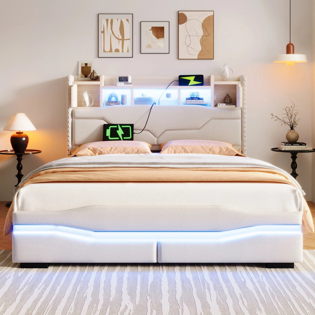 Letto imbottito 140x200 cm con contenitore idraulico e LED beige