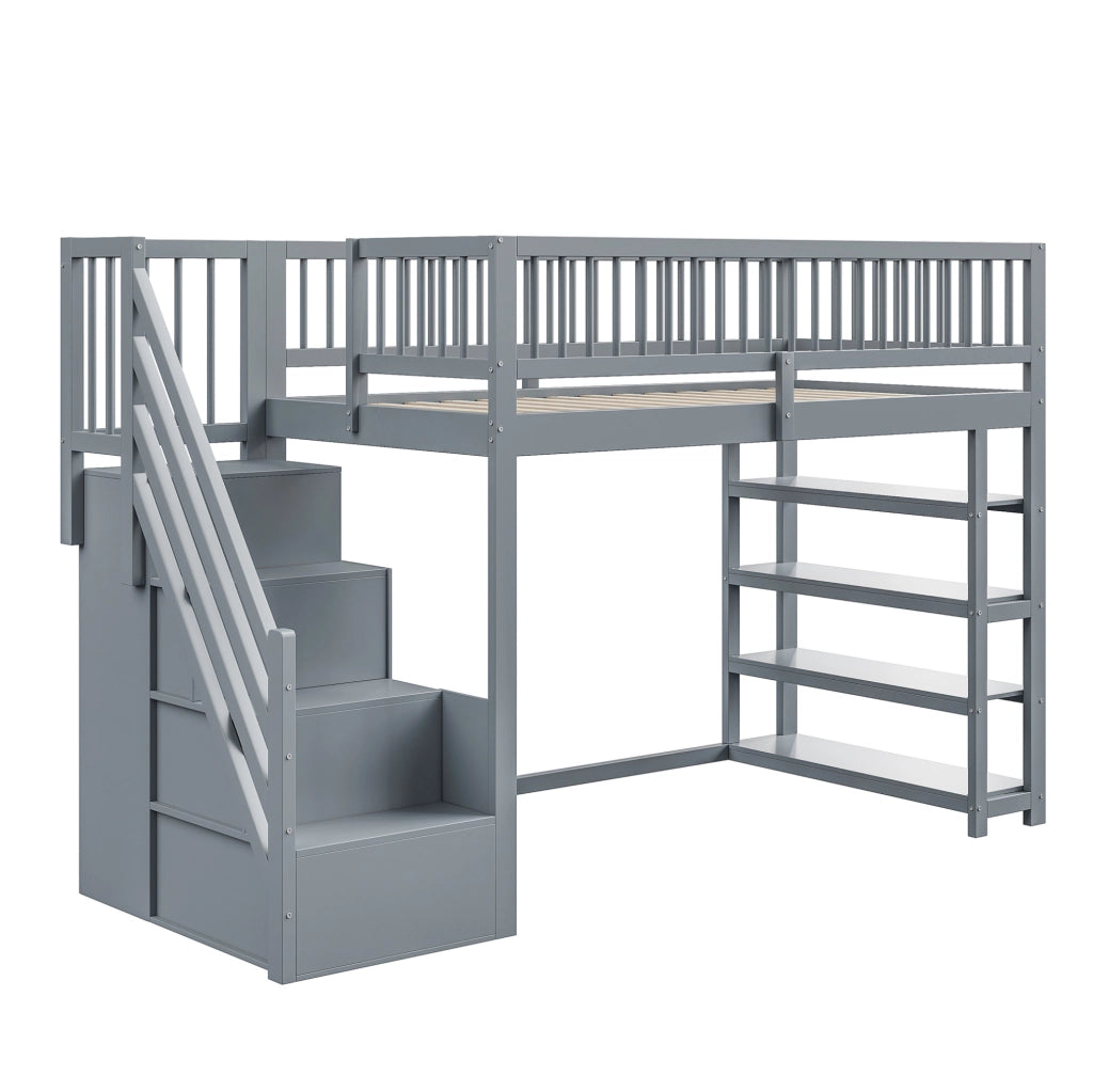 Letto a soppalco multifunzione con armadio, ripiani e scala di sicurezza