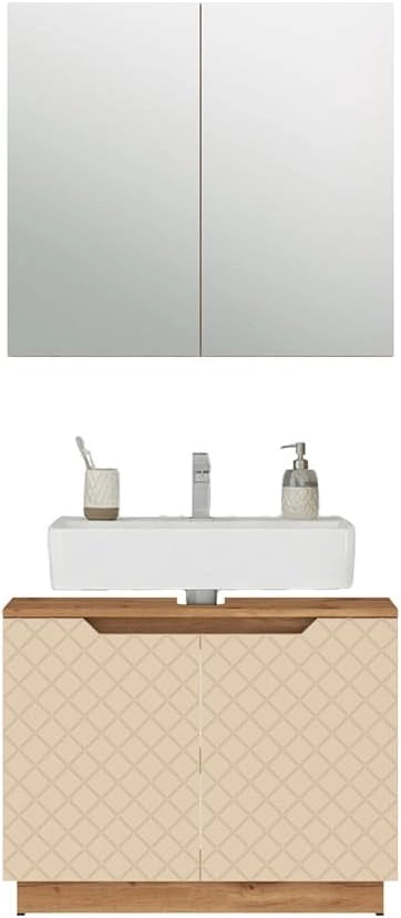 Set di mobili da bagno Lotta, Rovere/cashmere con struttura in piastrelle, 2 parti