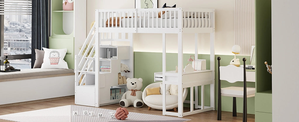 DESMIU Letto a soppalco 1 posto con scala contenitore, scrivania e spazio sotto il letto, 90 × 200 cm, senza materasso