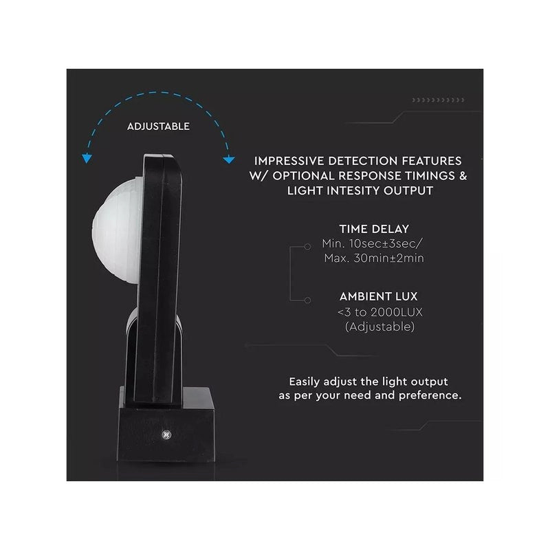 Sensore di Movimento a Infrarossi e Crepuscolare Montaggio a Parete Muro Carcassa Nera IP65 Esterno Braccio Orientabile SKU-15011