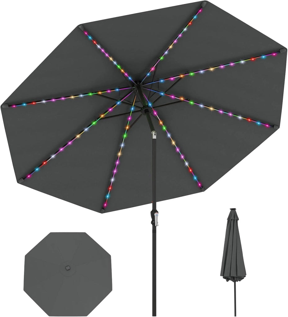 Ombrellone da Esterno 288 cm, con 96 Luci LED, Ombrellone Giardino con Inclinazione Regolabile, Manovella, 8 Stecche e Top Ventilato, Parasole da Mercato per Giardino Spiaggia (Beige)