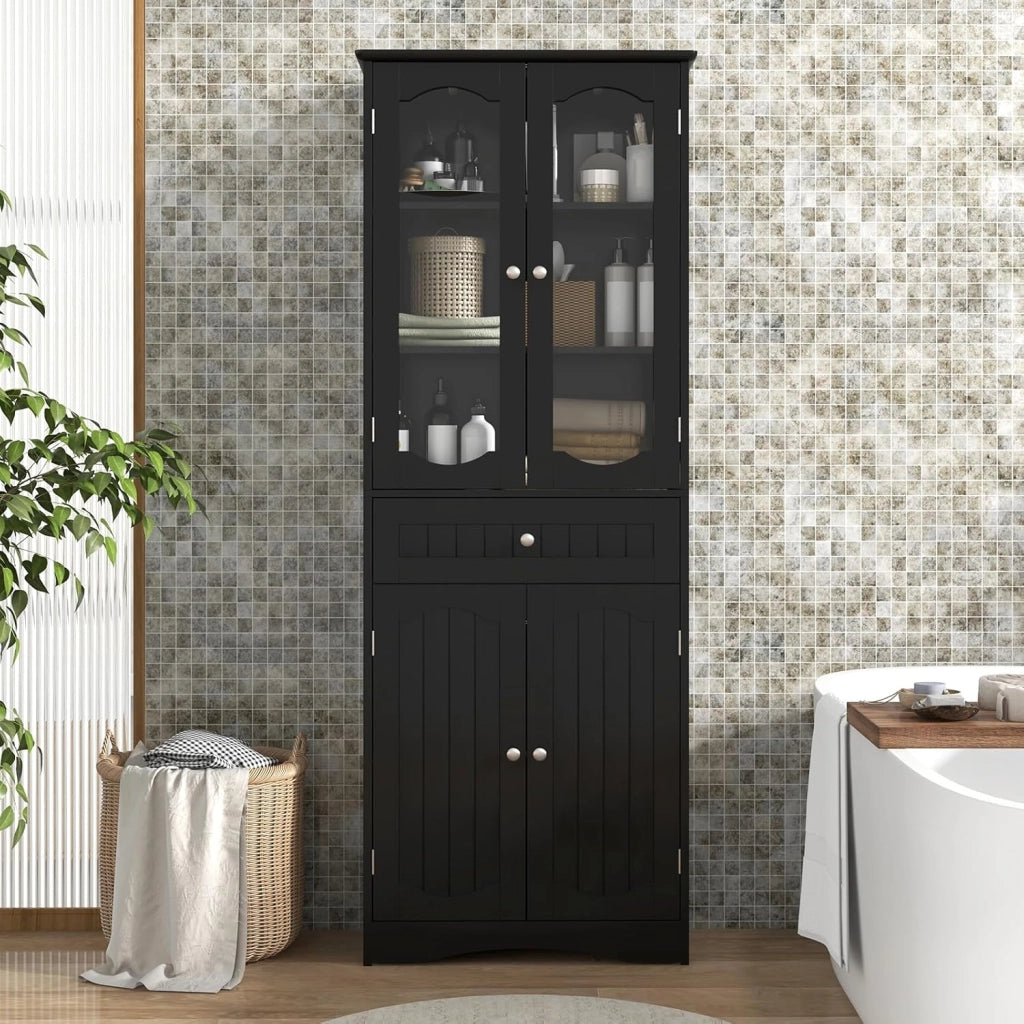 Armadietto Salvaspazio 60 x 30 x 160cm, Mobile Bagno con 2 Ripiani Regolabili, Cassetto e 2 Porte in Vetro Temprato, Armadio da Bagno per Ufficio, Soggiorno e Camera da Letto, Bianco (Nero)