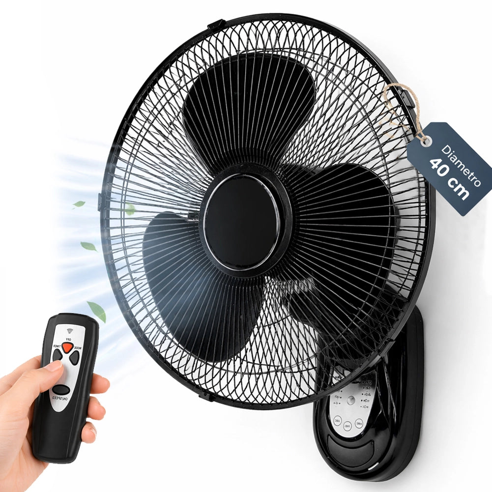 Ventilatore da Parete 40 cm con Telecomando Silenzioso 65W Oscillante Nero