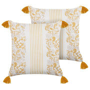 Set di 2 cuscini decorativi gialli e bianchi 45 x 45 cm stampa a mano rivestimenti sfoderabili cerniera motivo floreale