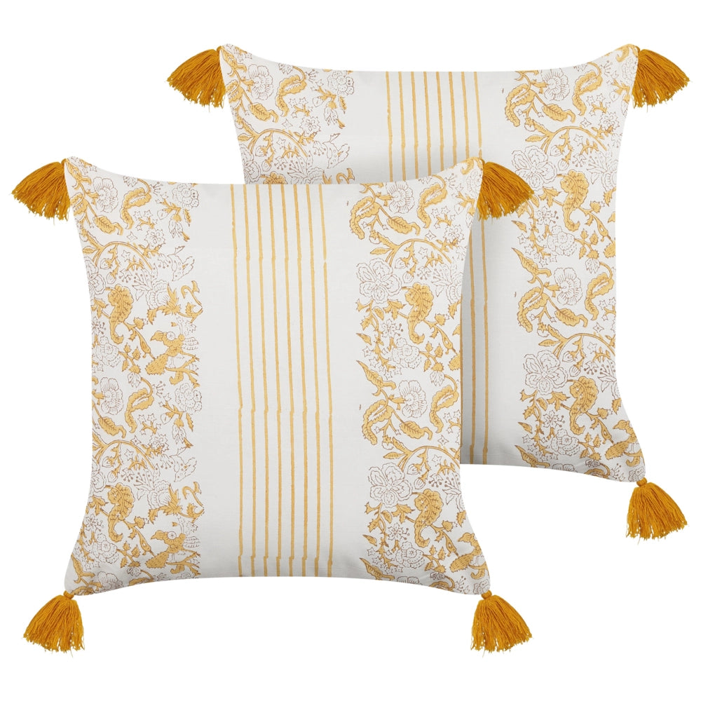 Set di 2 cuscini decorativi gialli e bianchi 45 x 45 cm stampa a mano rivestimenti sfoderabili cerniera motivo floreale