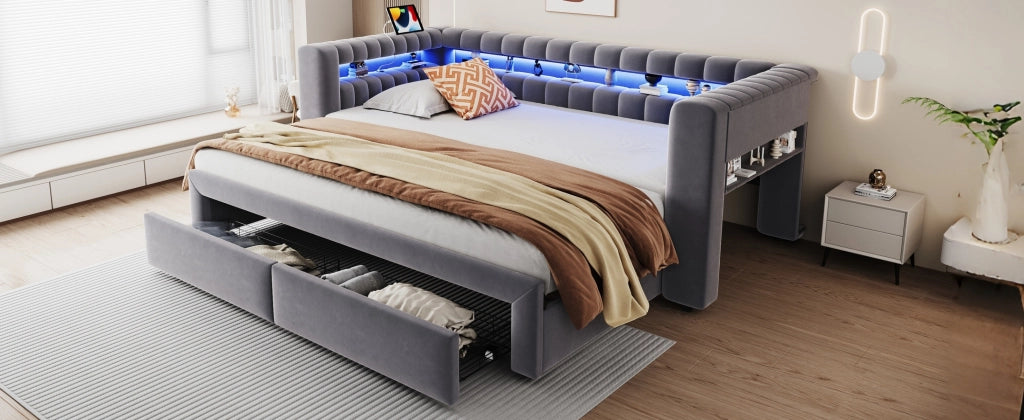 Letto estraibile 90 × 190 cm con 2 cassetti, vani contenitore, LED, USB e Type-C, senza materasso, in velluto, grigio scuro