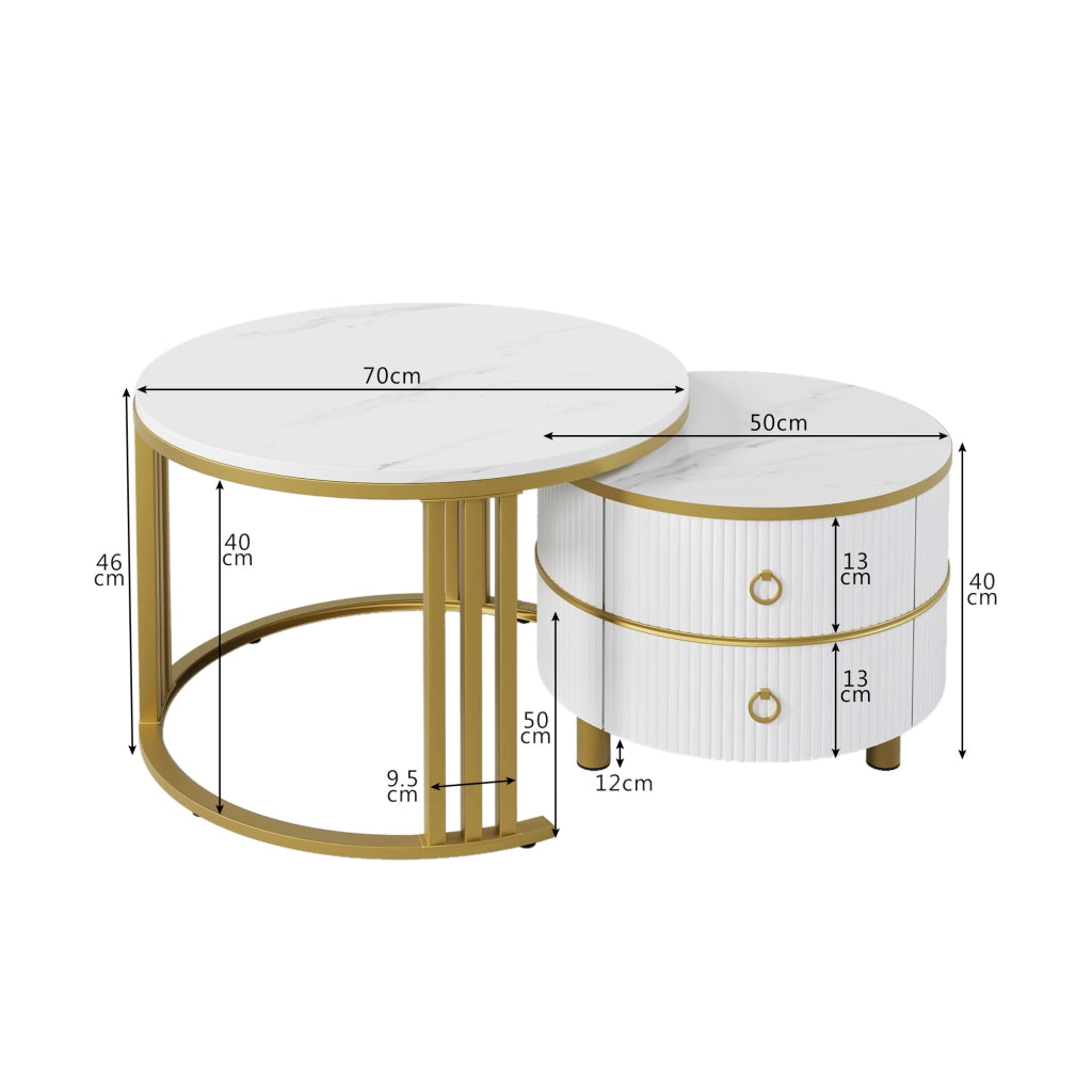 OKWISH Tavolini da Salotto Impilabili Rotondi con 2 Cassetti, Piano Lucido Effetto Marmo, per Soggiorno, MDF, Bianco