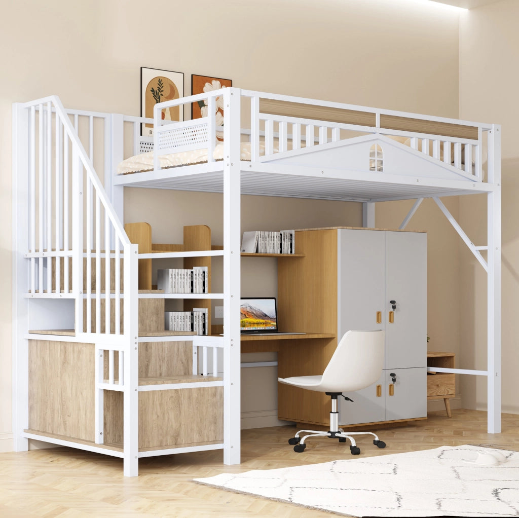 Letto a soppalco 90x200 cm con scala contenitore e finestra di sicurezza bianco