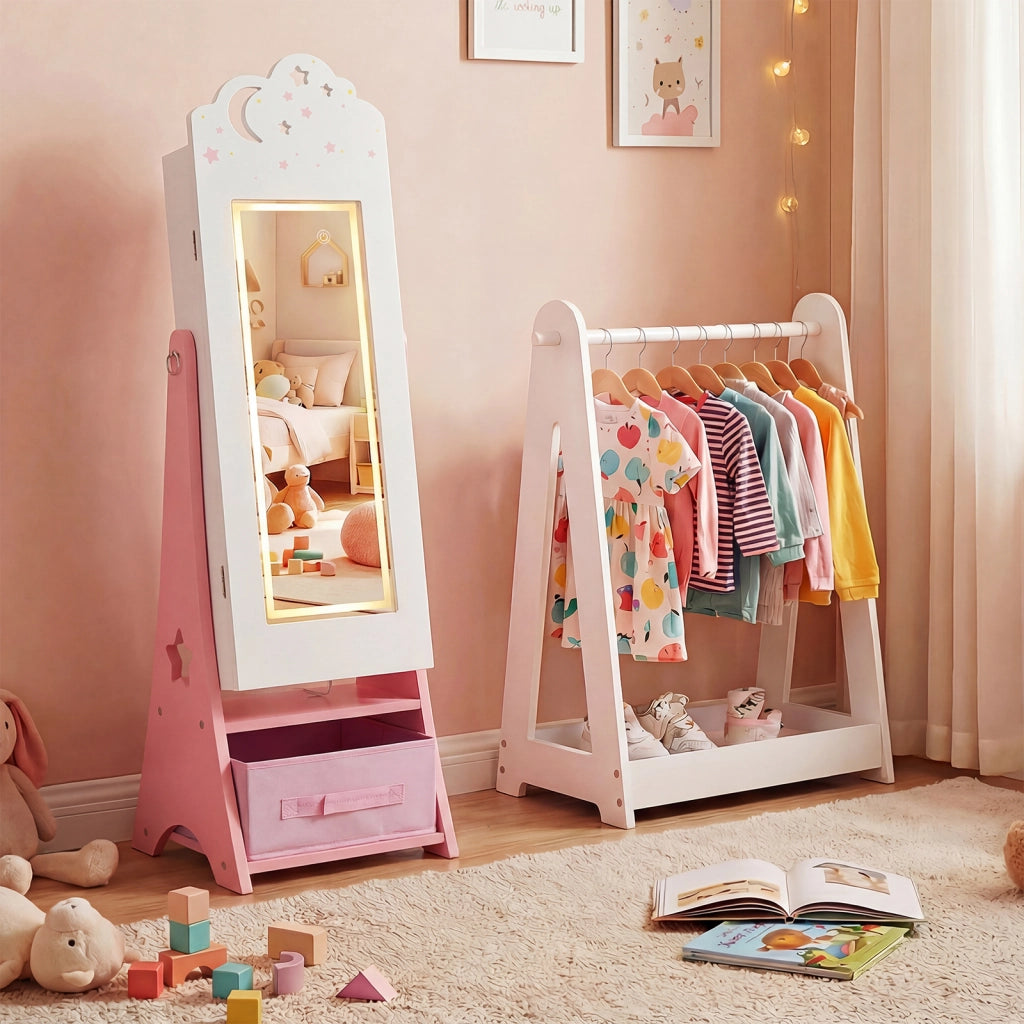 Mobiletto gioielli bambini luci specchio figura intera 4 sensore-Mobiletto portagioielli principessa terra camera sala giochi Bianco
