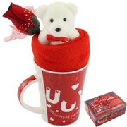 Trade Shop - Tazza Orsetto Bianco In Peluche Fiore Confezione Regalo Per San Valentino 63298 -