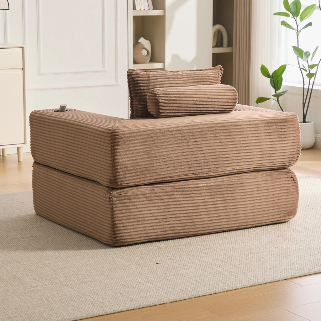 Divano letto modulare in velluto a coste con schiuma 30D, molle, tasche laterali e portabicchieri marrone
