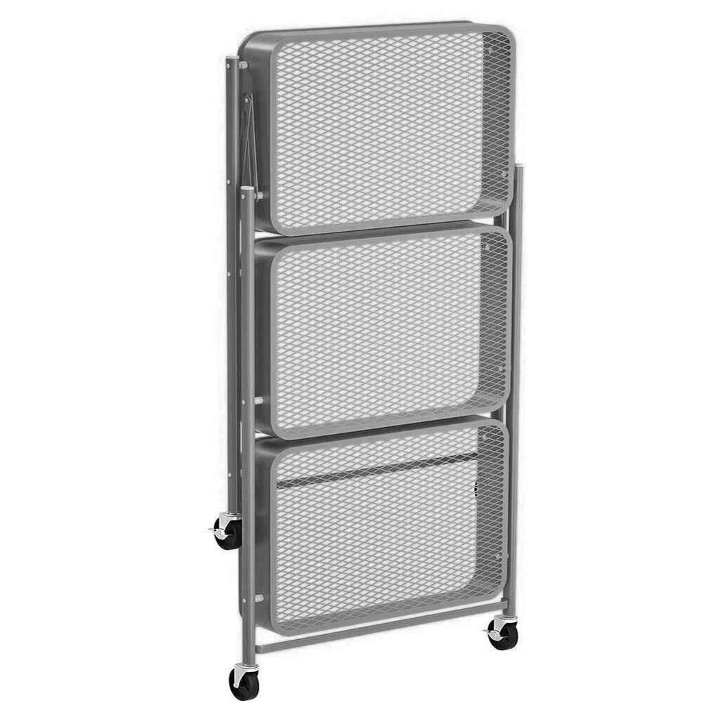 Carrello cucina Slim Pieghevole 3 Ripiani Metallo Trolley Servizio 4 Ruote Grigi