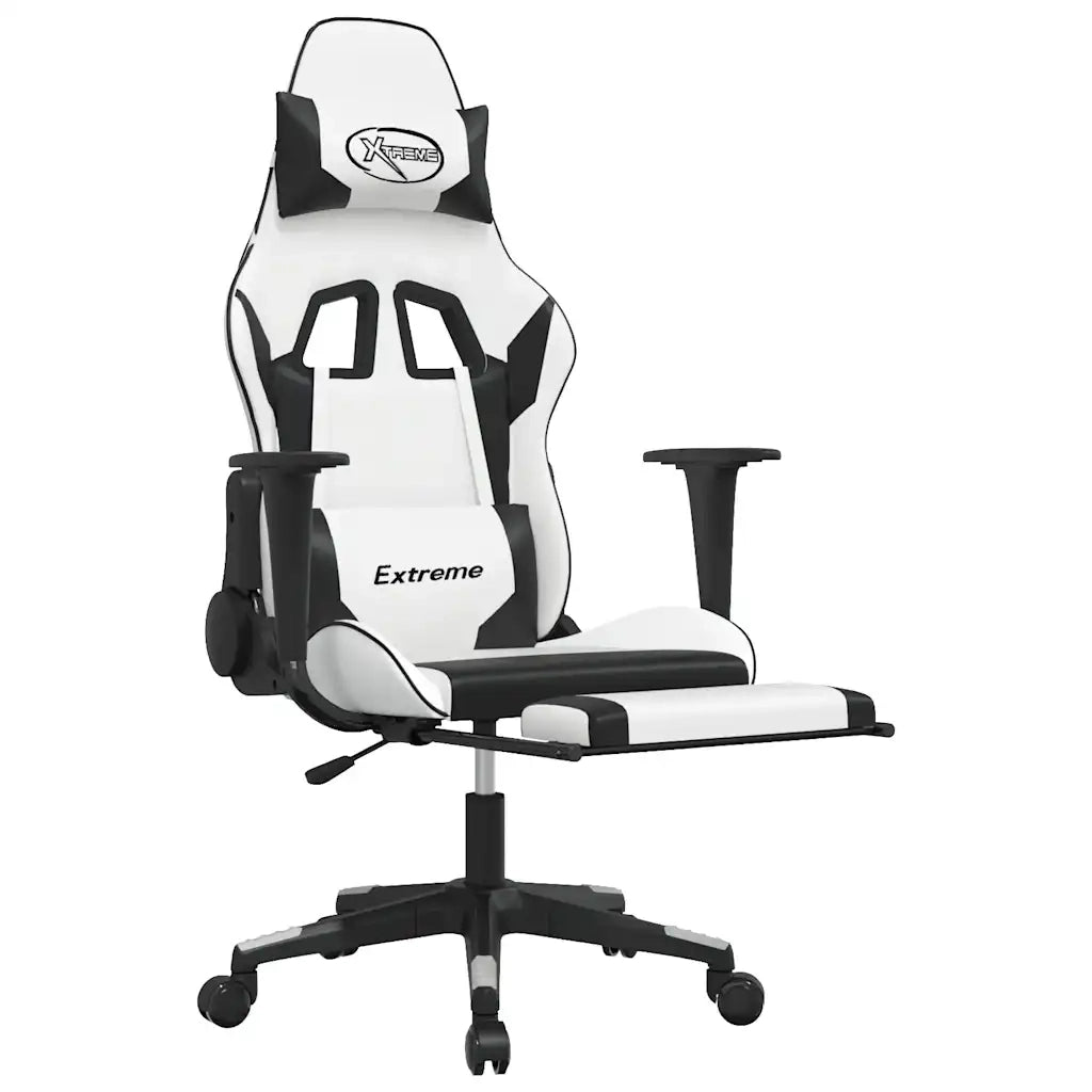 Sedia da Gaming | Sedia da e-sports Massaggio Poggiapiedi Bianco e Nero Similpelle