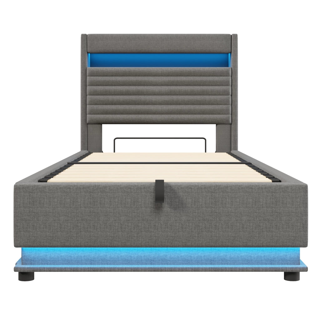 Letto imbottito con USB-C e LED - Zephmum- 90x200 cm, idraulico, comando app, grigio