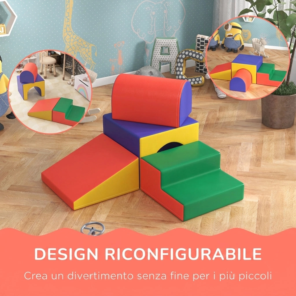 Set 4 Blocchi di Costruzione Morbidi per Bambini Gioco Educativo Modulabile in PU e EPE Multicolore