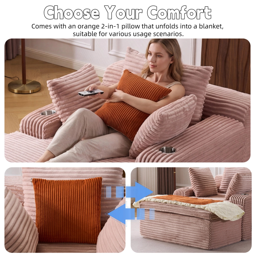 Divano modulare boneless con chaise longue cuscini e portabicchieri senza montaggio per salotto in velluto a coste rosa