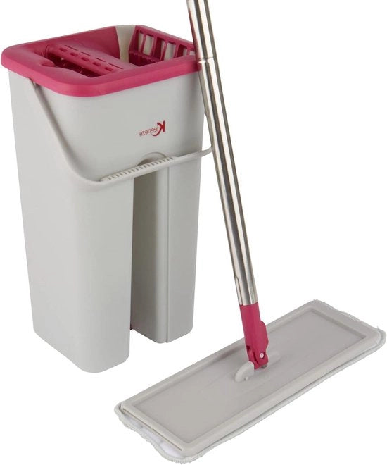 Set di Asciugamano e Secchio a Microfibra con Strizzatore e Raschiatore - Soluzione di Stoccaggio Spaziale - Rosa/Grigio