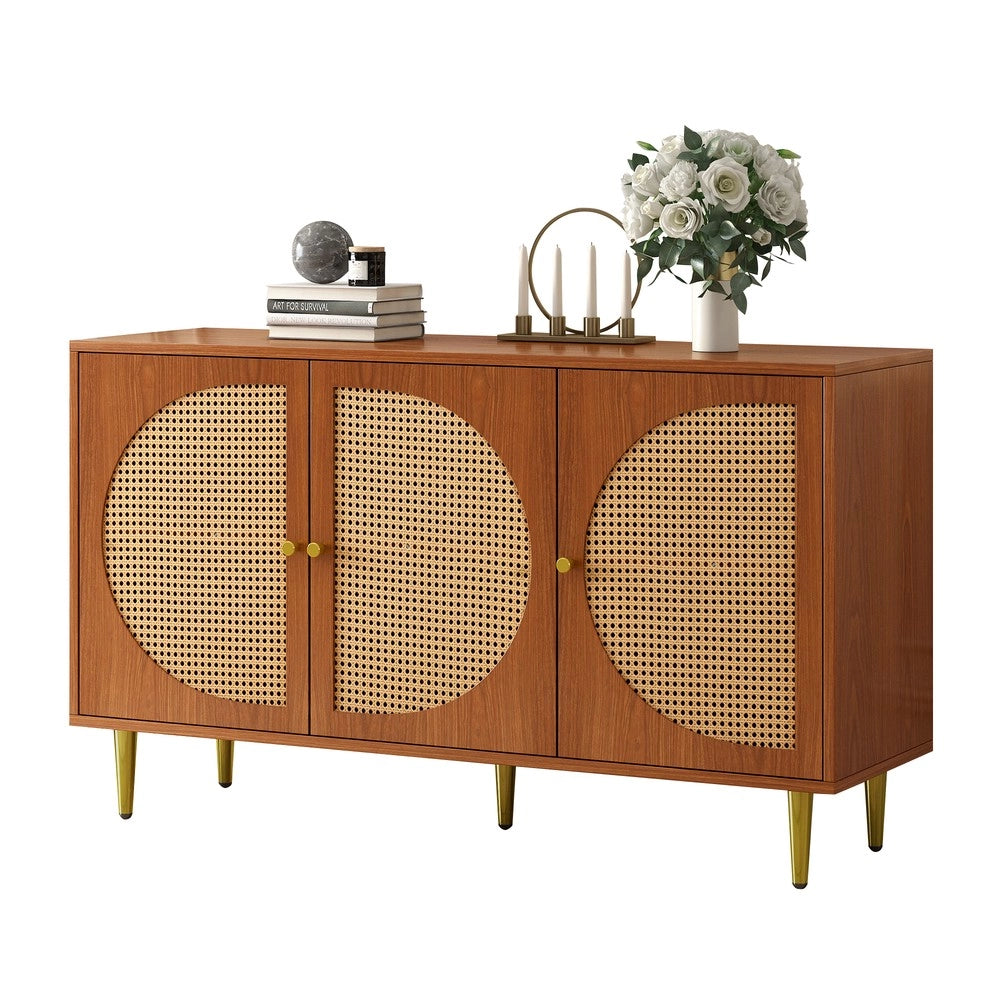 Credenza 3 Ante con Rattan e Maniglie in Metallo ¨C MINIMAL ¨C Noce 129.8x40x76