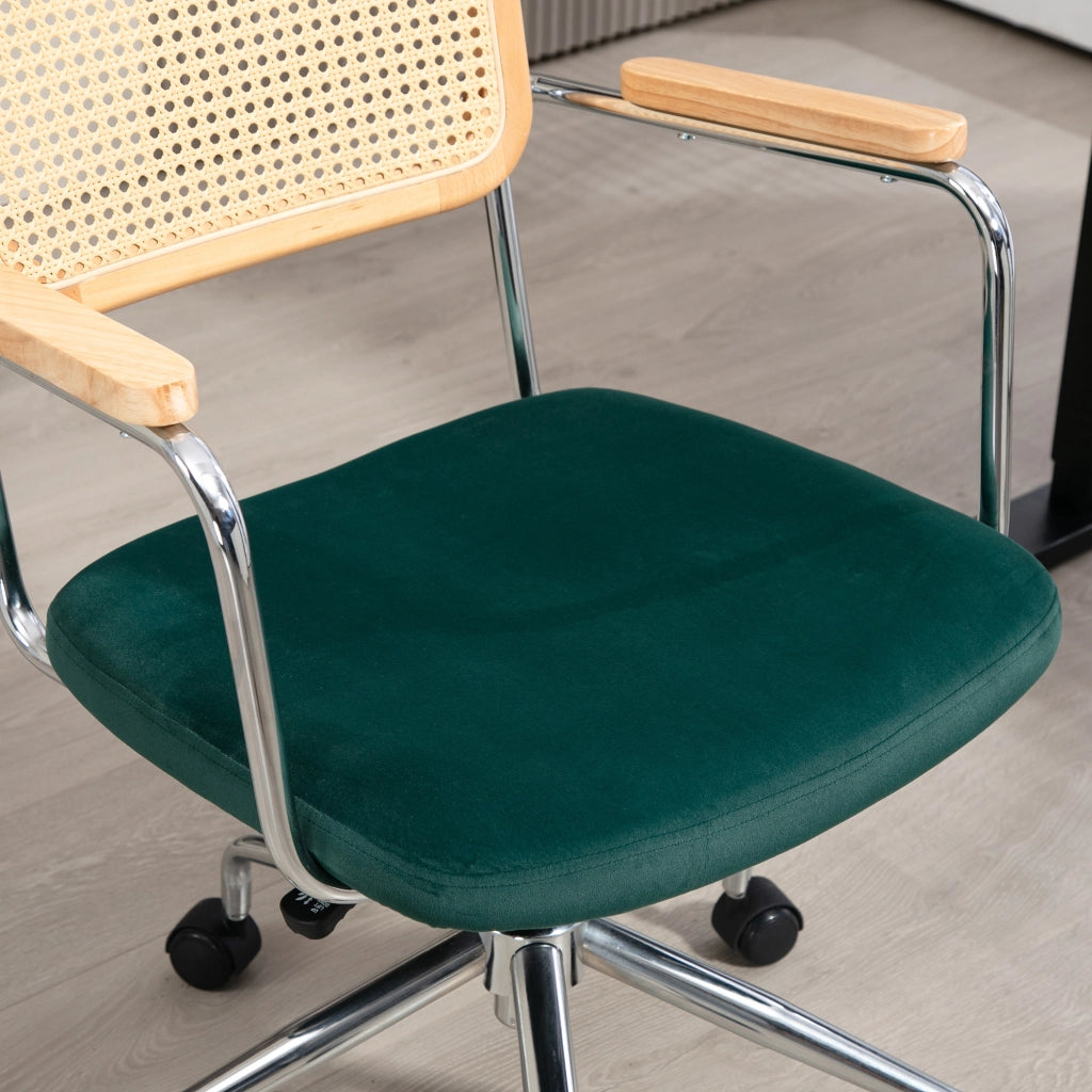 Sedia da Ufficio Girevole Regolabile ¨C Xylo ¨C Braccioli in Legno, Design Boho, Verde, 120kg