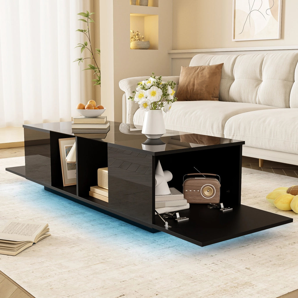 Tavolino da salotto con 2 Ante e LED; Piano in Vetro; Finitura Lucida e Opaca; in Legno; Nero