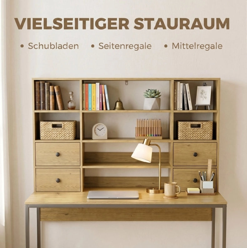 Scrivania con contenimento 105 cm in legno naturale， 4 cassetti e ripiani per studio