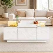 Tavolino da salotto moderno 105 x 50 x 35 cm bianco lucido con LED; ripiani e cassetti