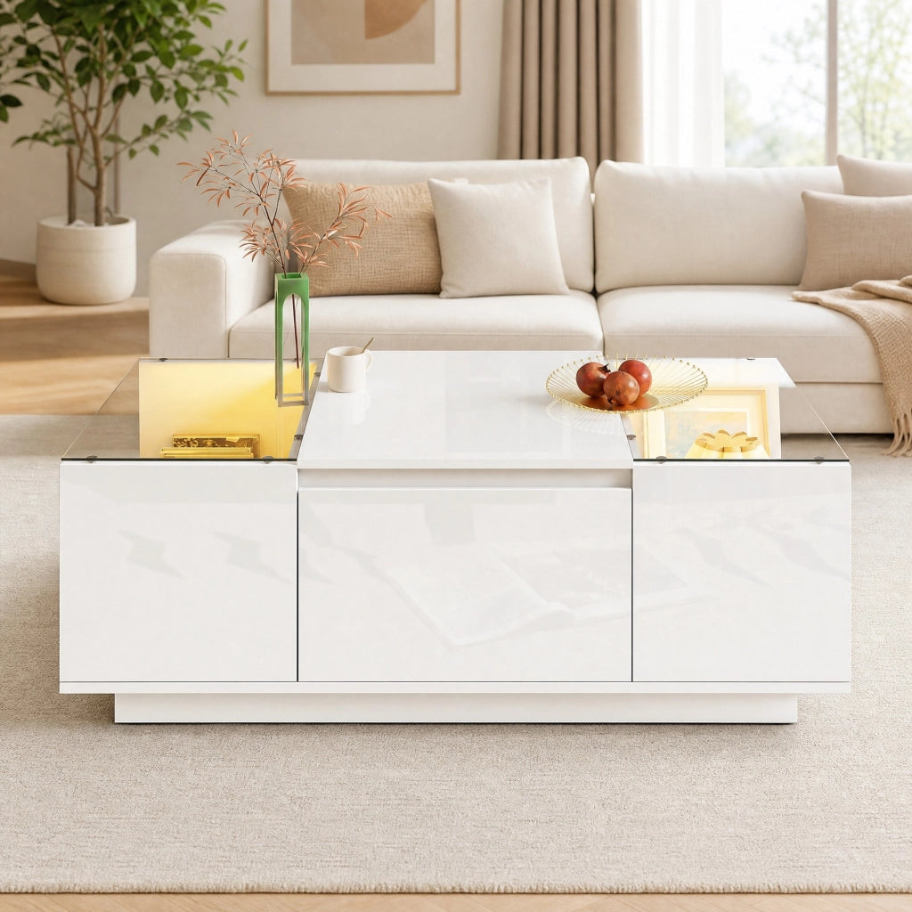 Tavolino da salotto moderno 105 x 50 x 35 cm bianco lucido con LED; ripiani e cassetti