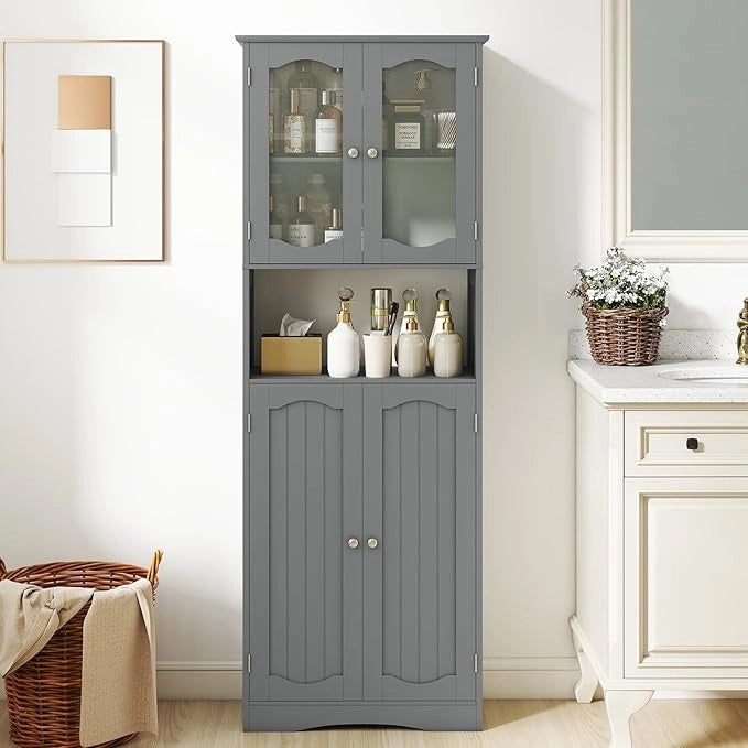 Armadietto Salvaspazio 60 x 30 x 164cm, Mobile Bagno con Scomparti Aperti, Ripiani Regolabili e 2 Porte in Vetro Temprato, Armadio da Bagno per Ufficio, Soggiorno e Camera da Letto (Grigio)
