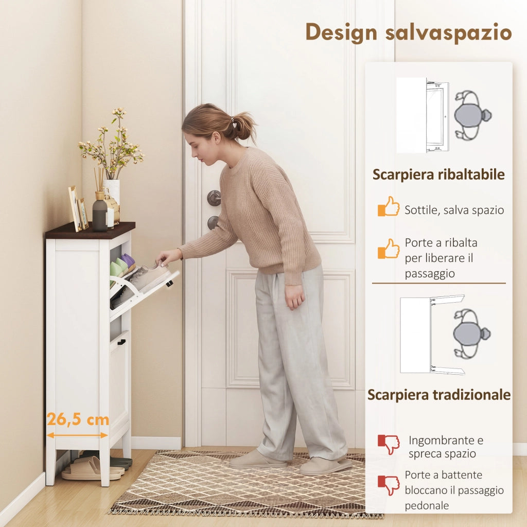 Scarpiera Country con 2 Cassetti Ribalta. Ripiani Regolabili. Design Bianco.