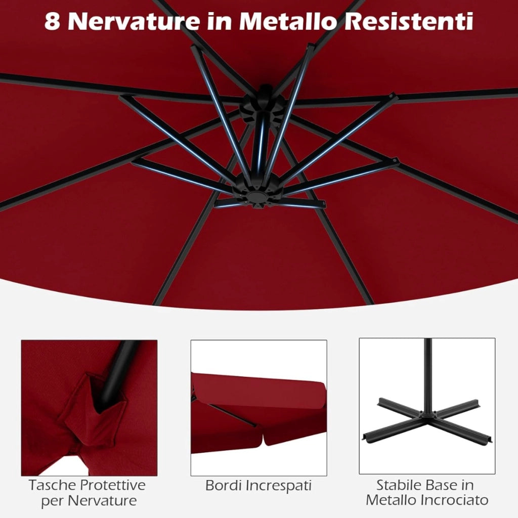 Ombrellone a braccio con inclinazione regolabile da giardino resistente, Ombrellone per piscina e terrazza Rosso