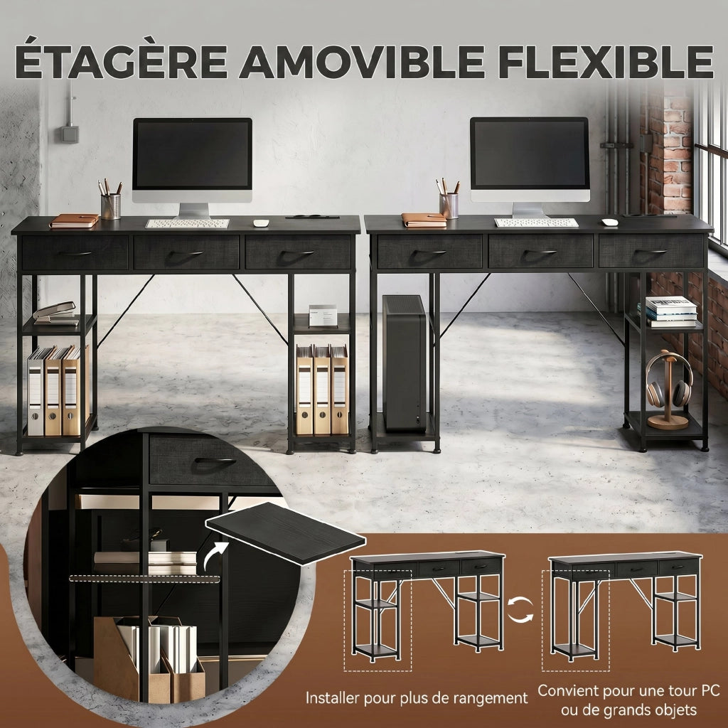 Scrivania con cassetti e ripiani ¨C Xylo ¨C 3 cassetti in tessuto, 4 ripiani, prese elettriche, 120x40x76 cm, nero