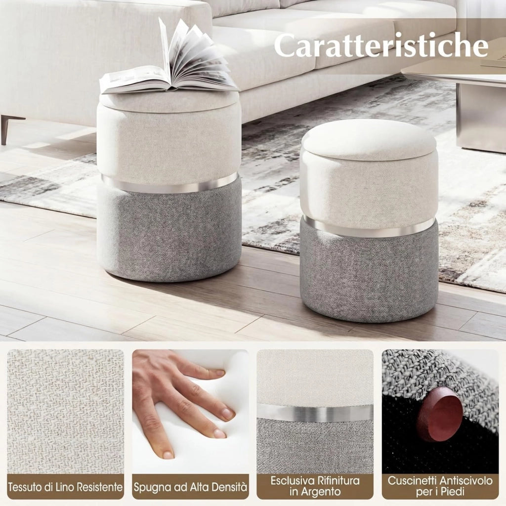 Set di 2 Pouf Contenitore in Velluto, Pouf Rotondi Imbottiti da 32L +21L, Sgabelli con Contenitore per Soggiorno, Camera da Letto, Portata 150 kg (Grigio)