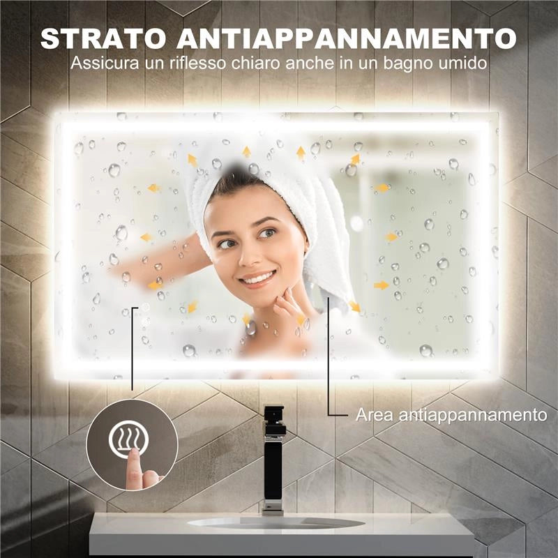SPECCHIO PER BAGNO CON LUCI LED REGOLABILI A 3 COLORI E STRATO ANTIURTO IN VETRO E METALLO 100X3X60 CM