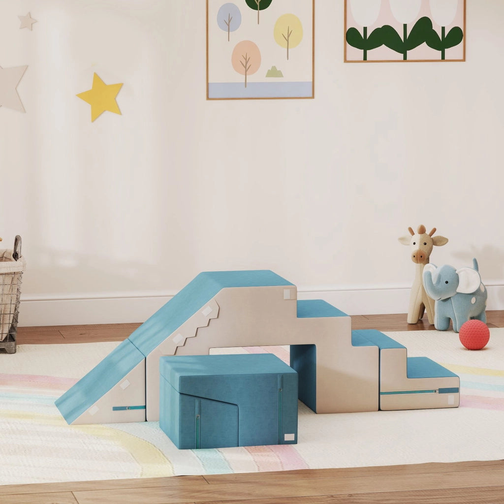 Set 2 Pezzi Blocchi da Gioco Morbidi per Bambini in Ecopelle e Gommapiuma Modulari Beige e Blu Multifunzionale per Casa